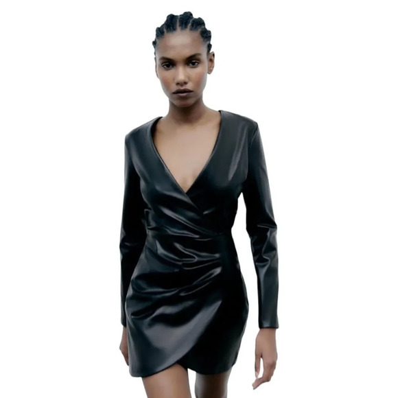 ZARA | Black | FAUX LEATHER DRAPED DRESS - Picture 6 of 10